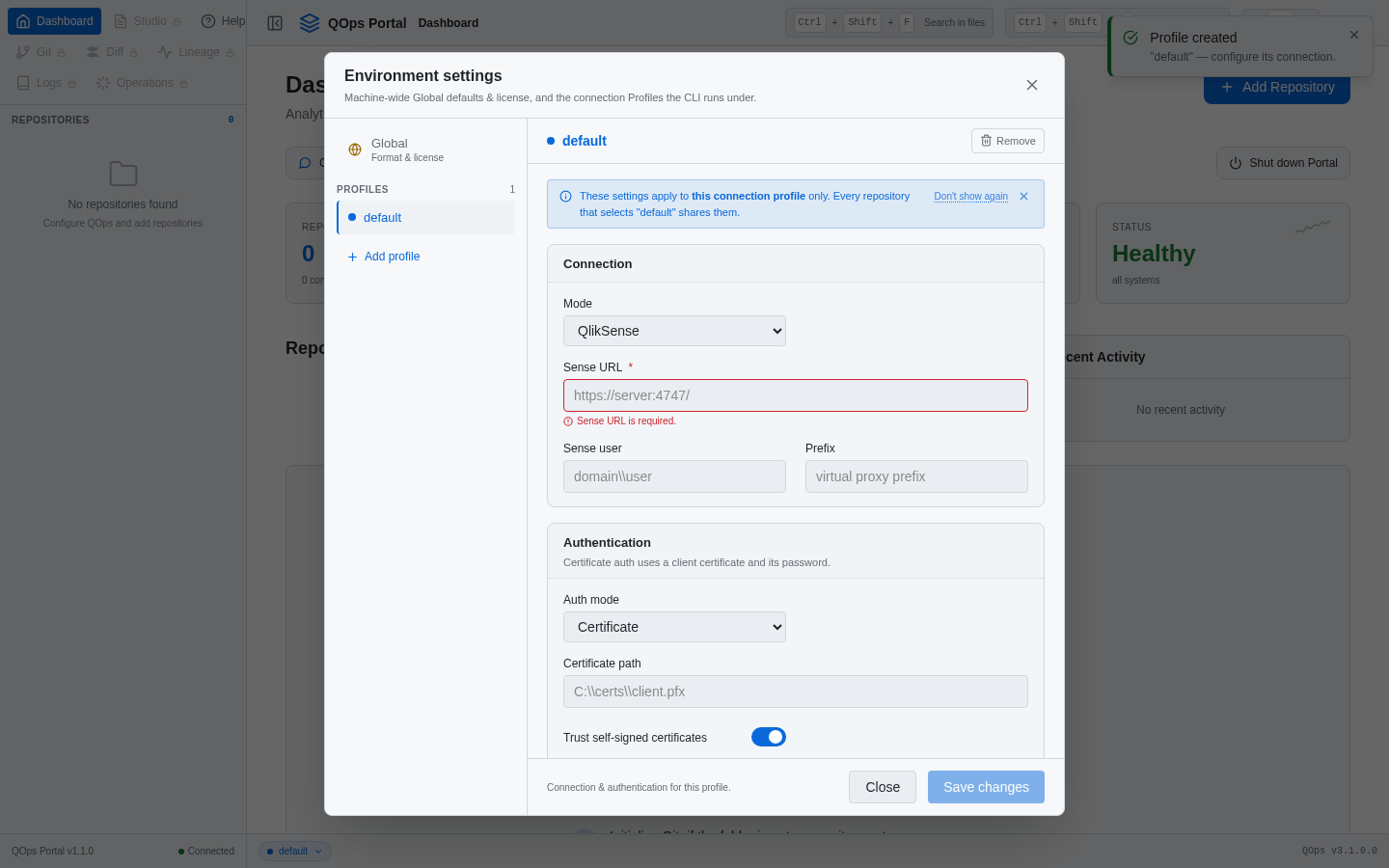 Environment settings: a Qlik connection profile