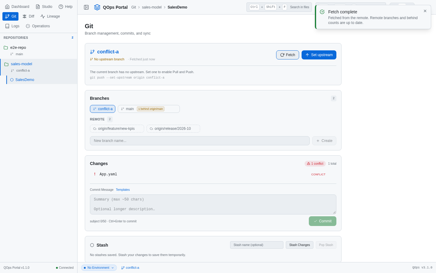The Git panel with local and remote branches