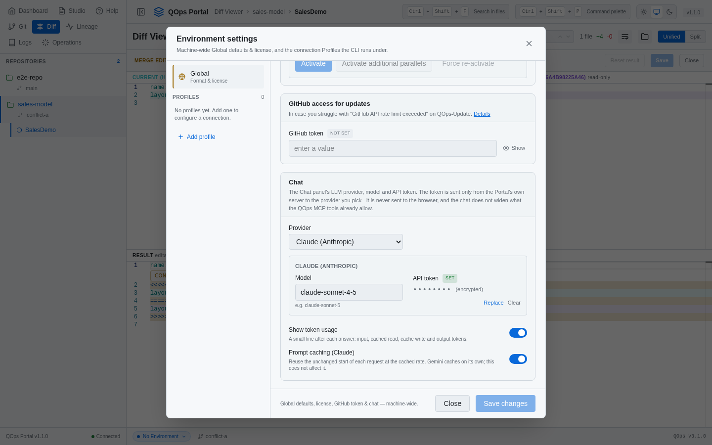 Settings, Global, Chat: provider, model, masked token, token usage and prompt caching