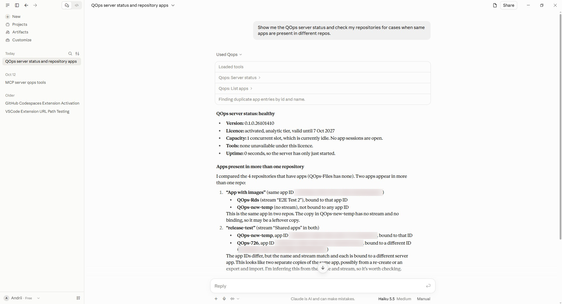 Claude Desktop with the QOps server connected: one question returns the server status, the licence tier and the apps that appear in more than one repository