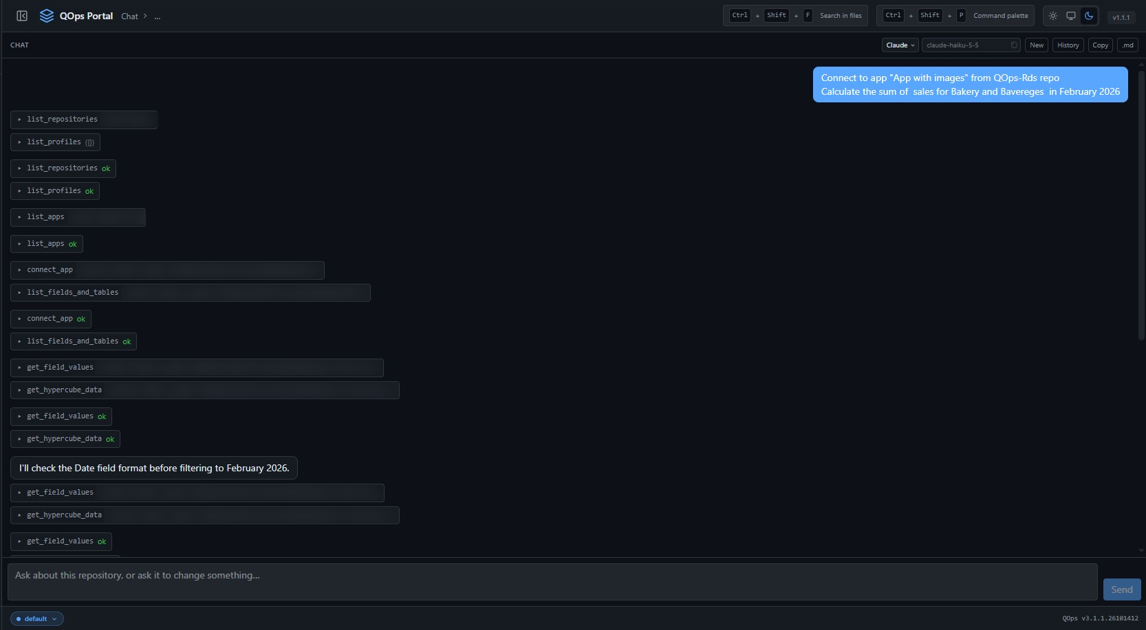 The chat working out a calculation on app data: each tool step is listed as it runs
